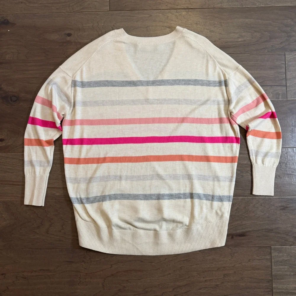 LOFT Womens Striped V-Neck Sweater Cream Pink Orange‎ Grey Size M Relaxed Fit